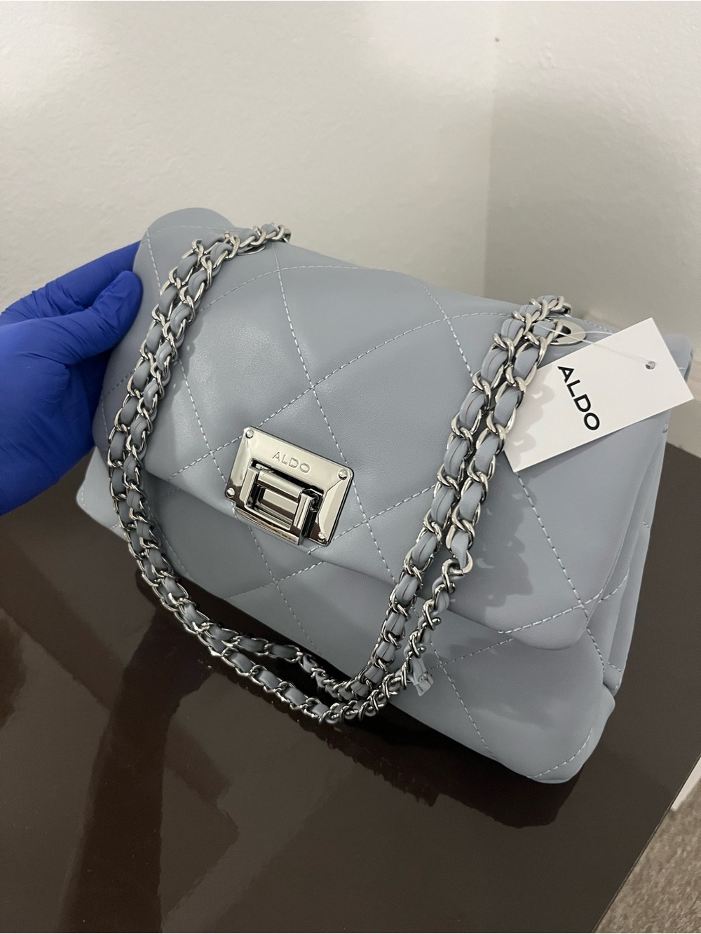 ALDO Quilted Shoulder Bag in Light Gray with Chain Strap
